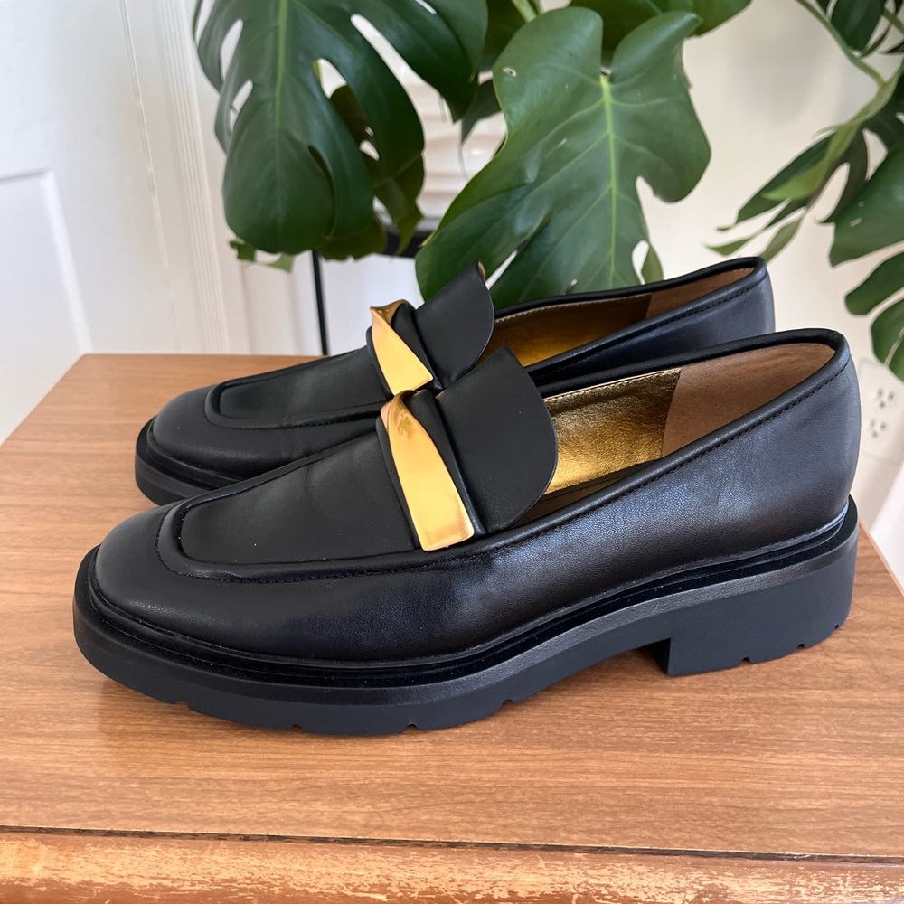 Donna Karan Sabina Black Gold Loafers Chunky Lug Sole Designer Slip-On Flats 9